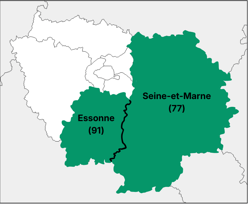 Zone d'intervention de SAS Renov' Toit dans l'Essonne (91) et dans la Seine-et-Marne (77), en Ile de France.